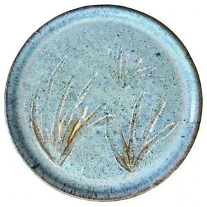 VTG Handcrafted decorative blue pottery plate with grass detail signed by artist